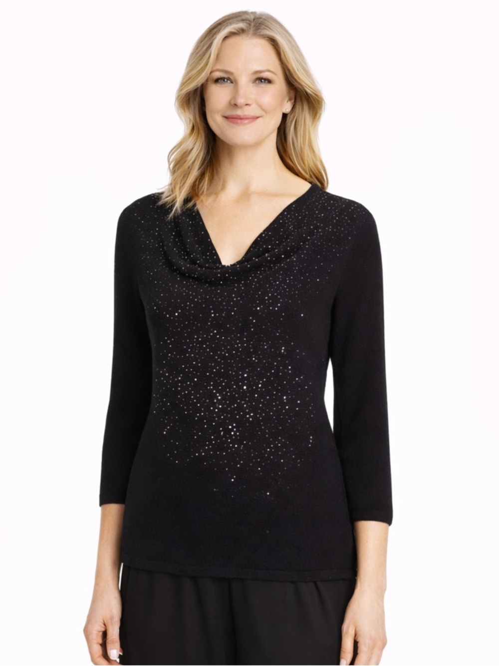 Eileen Fisher Wool Beaded Drape Cowl Neck Sweater Top Black Size XS